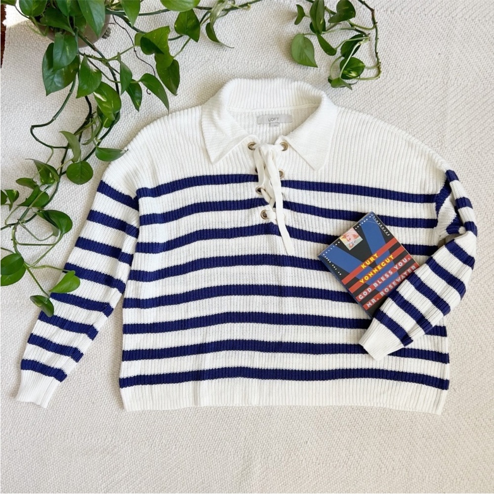 Loft Oversized Striped Knit Collared Pullover Sweater Large
